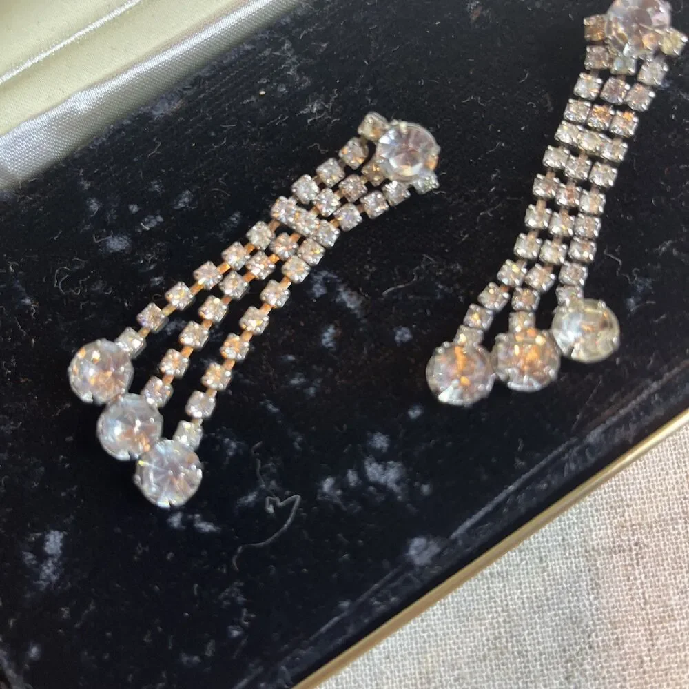 Pierced 3” Long Rhinestone Dangly Earrings